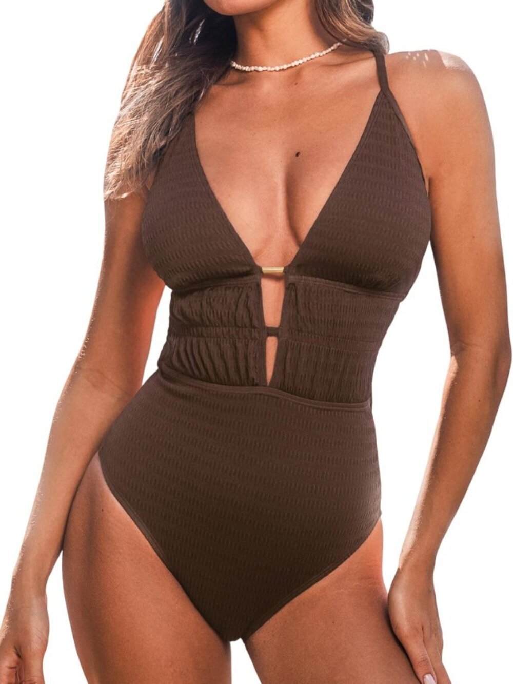 Women's One Piece Swimsuit Plunging Neck Cutout Monokini Textured